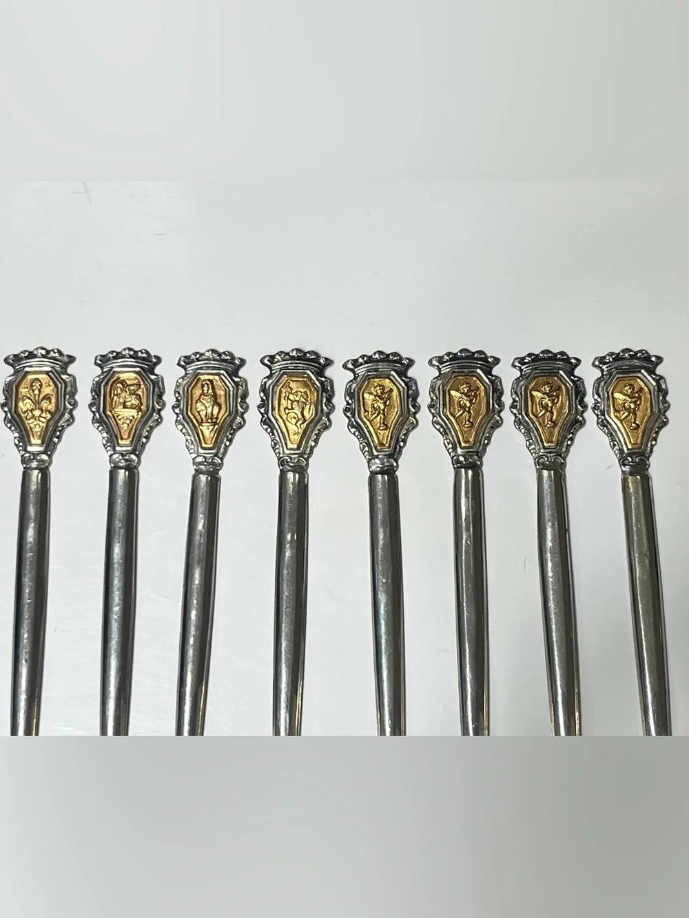 Vintage Silver and Gold-tone Cocktail Picks with Figure/Crest Inlays Set of 8